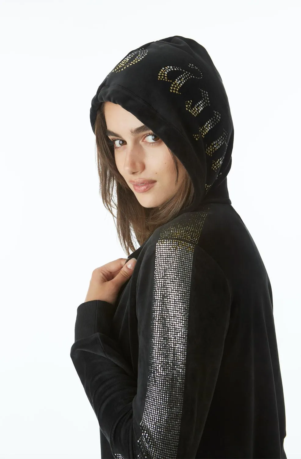 Velour Hooded Zip Track Jacket In Black