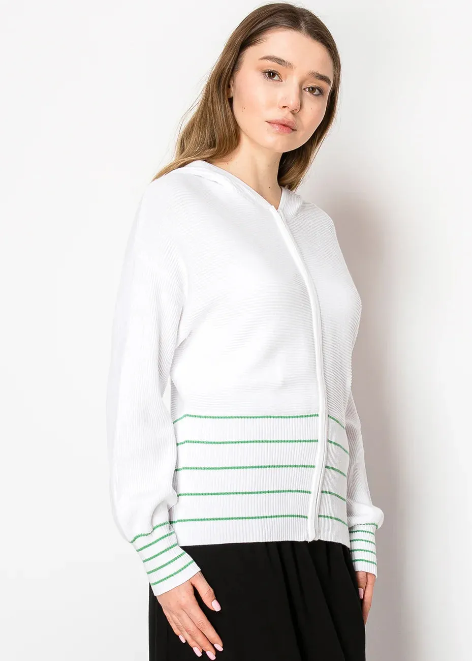 White & Green Striped Zip Hoodie