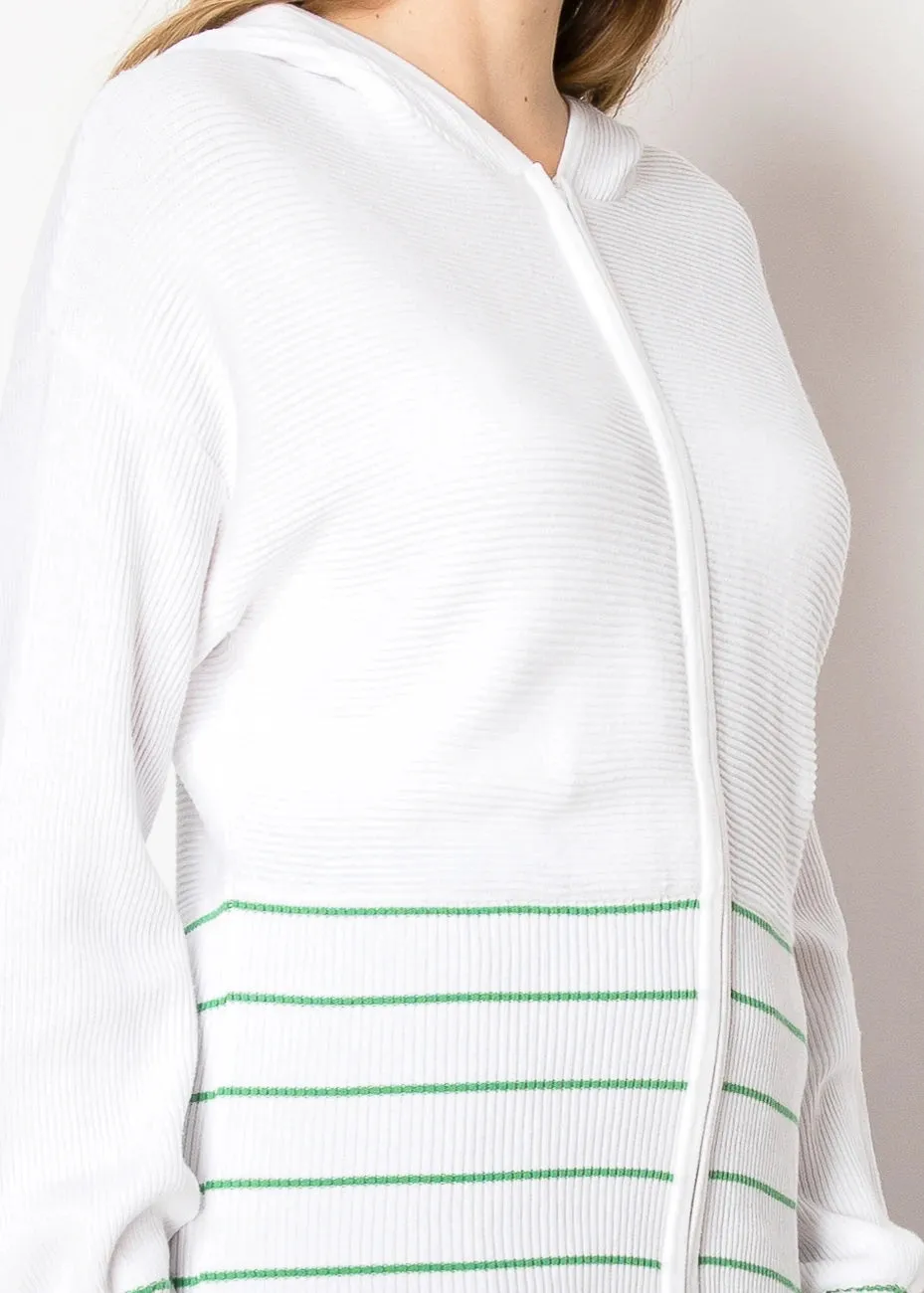 White & Green Striped Zip Hoodie