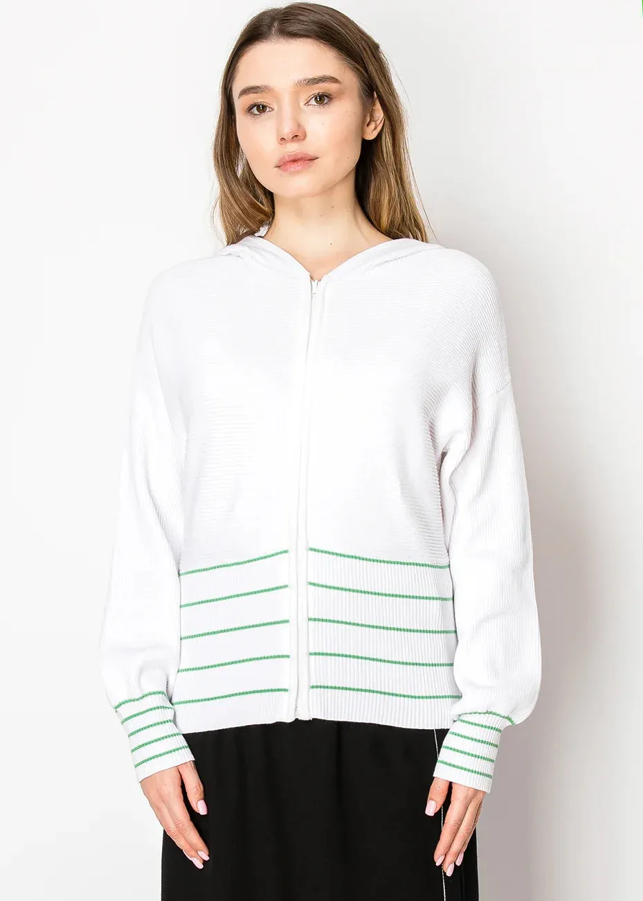 White & Green Striped Zip Hoodie