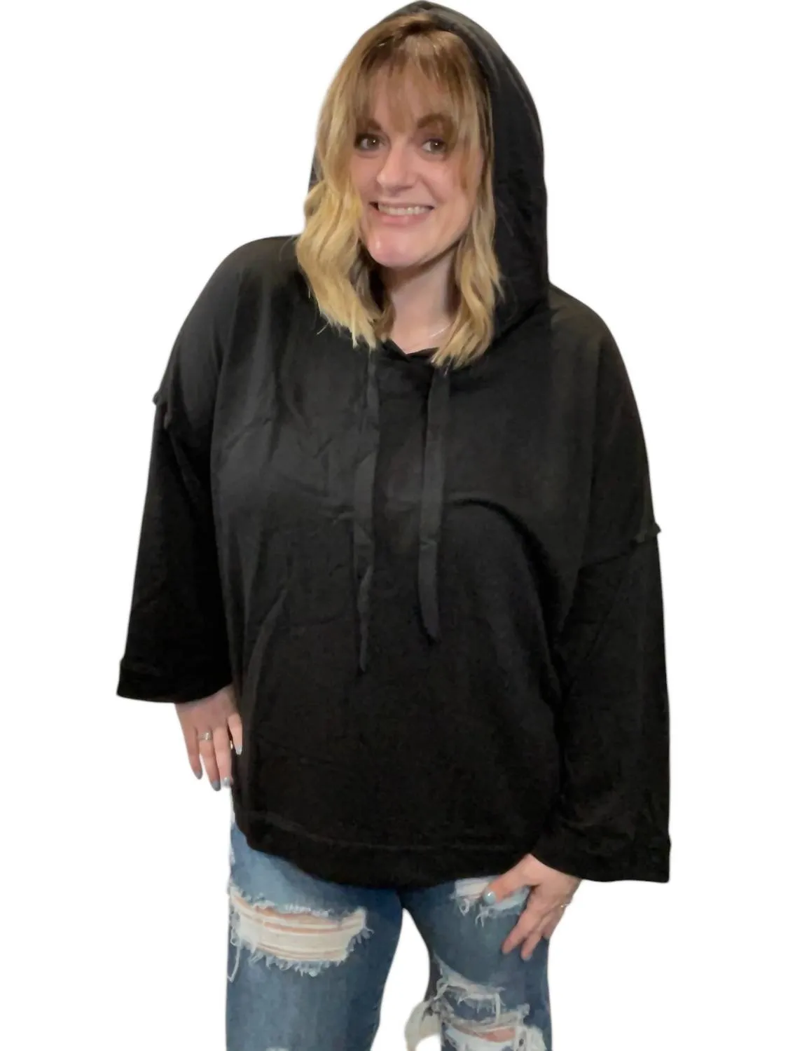 Wide Sleeve Pullover Hoodie In Black