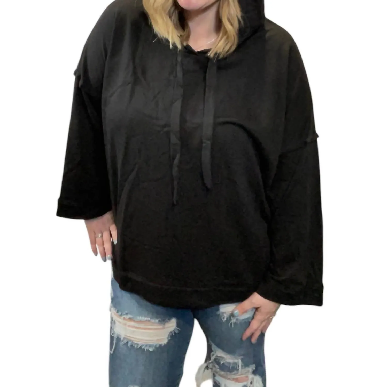 Wide Sleeve Pullover Hoodie In Black